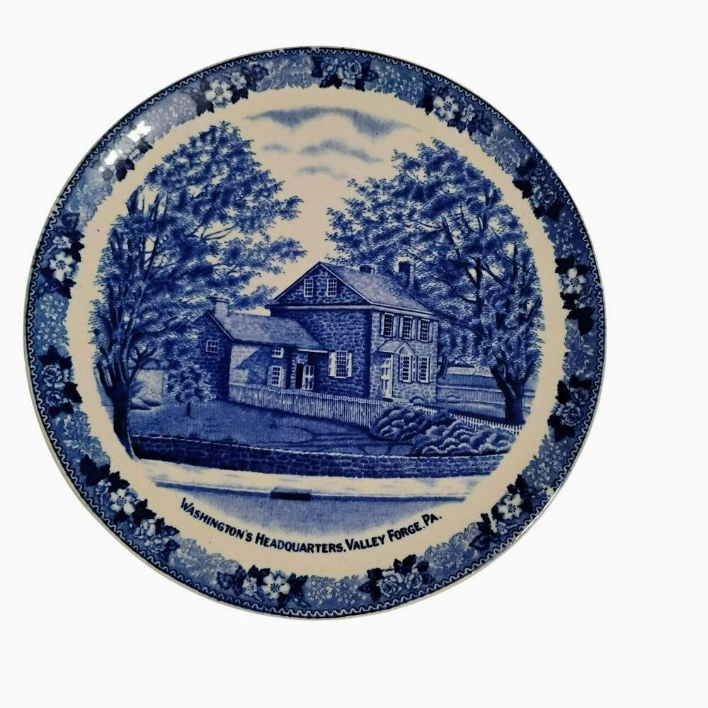 Vintage Adams Staffordshire Plate Washingtons Headquarters Valley Forge Blue & W